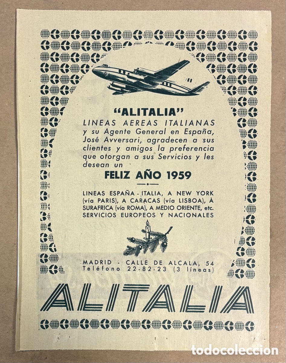 Paper Collecting Others: L&Iacute;NEAS A&Eacute;REAS ITALIANAS ALITALIA. ANUNCIO PUBLICITARIO PERI&Oacute;DICO ABC A&Ntilde;O 1959.