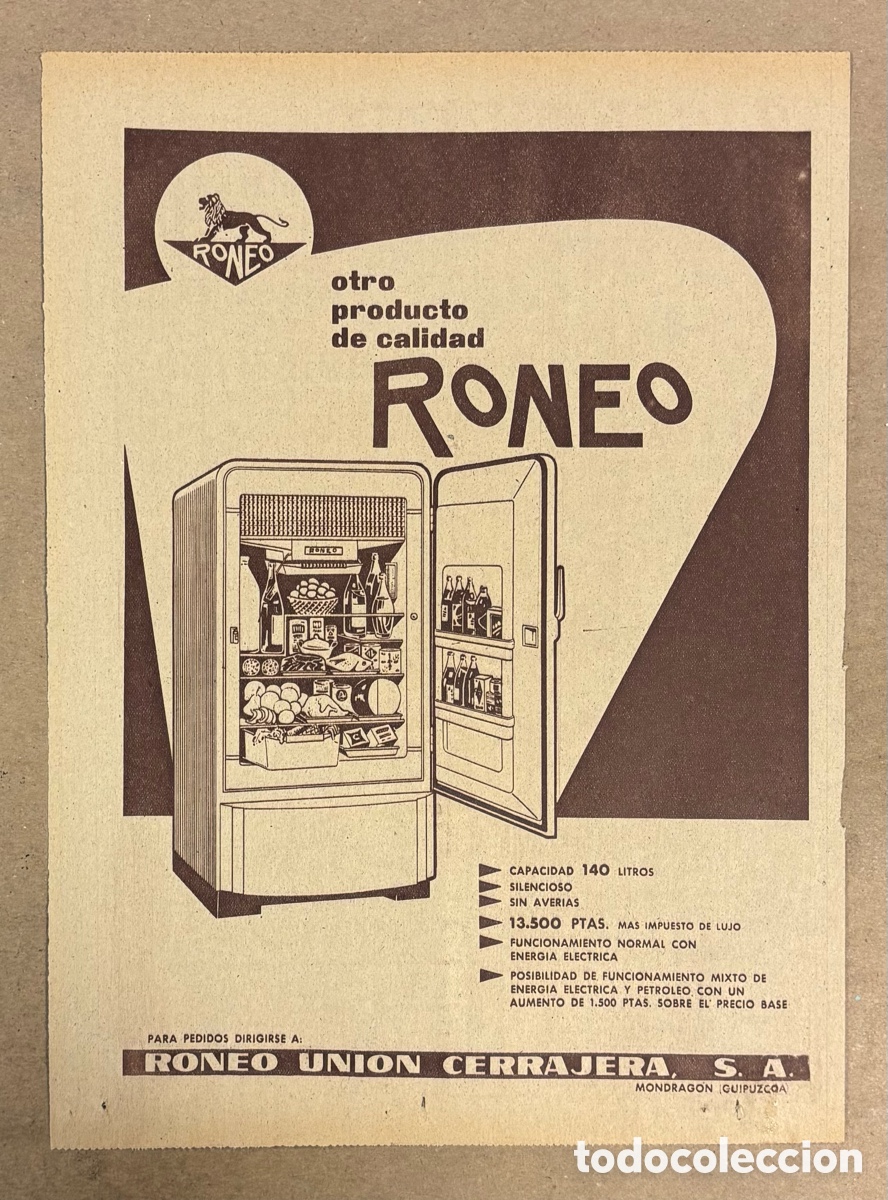 Paper Collecting Others: FRIGOR&Iacute;FICOS RONEO. ANUNCIO PUBLICITARIO PERI&Oacute;DICO ABC A&Ntilde;OS 1958.