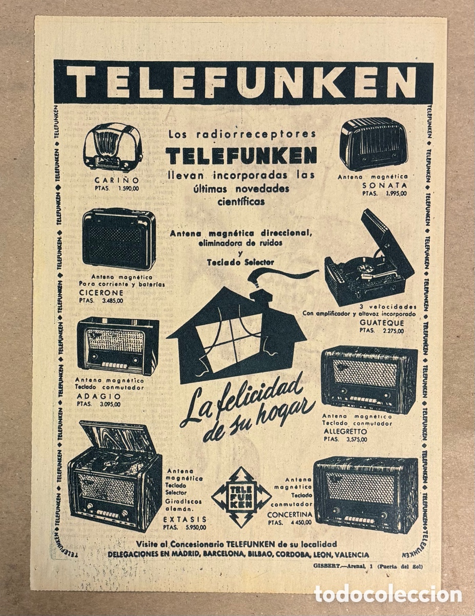Paper Collecting Others: RADIORRECEPTORES TELEFUNKEN. ANUNCIO PUBLICITARIO PERI&Oacute;DICO ABC A&Ntilde;OS 1958