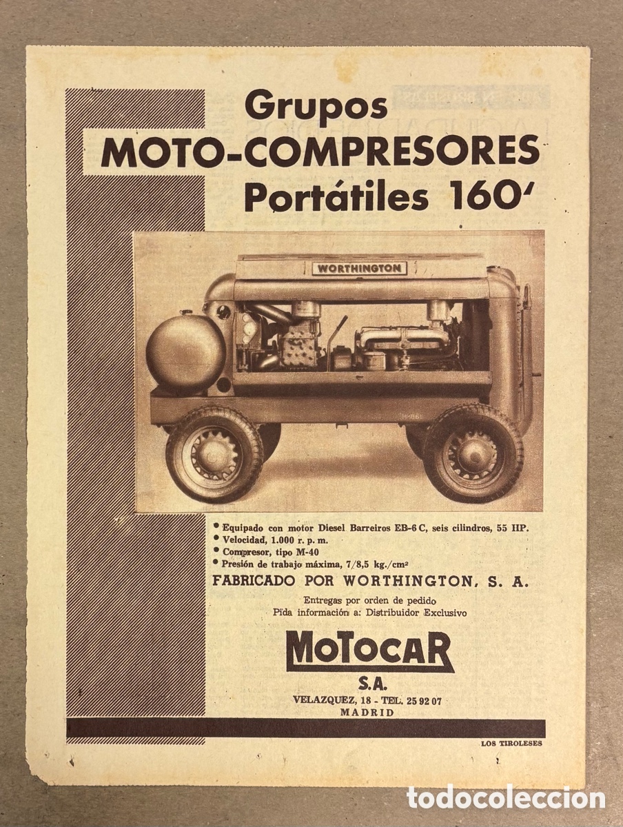 Paper Collecting Others: GRUPOS MOTO-COMPRESORES PORT&Aacute;TILES. ANUNCIO PUBLICITARIO PERI&Oacute;DICO ABC A&Ntilde;OS 1959. MOTOCAR