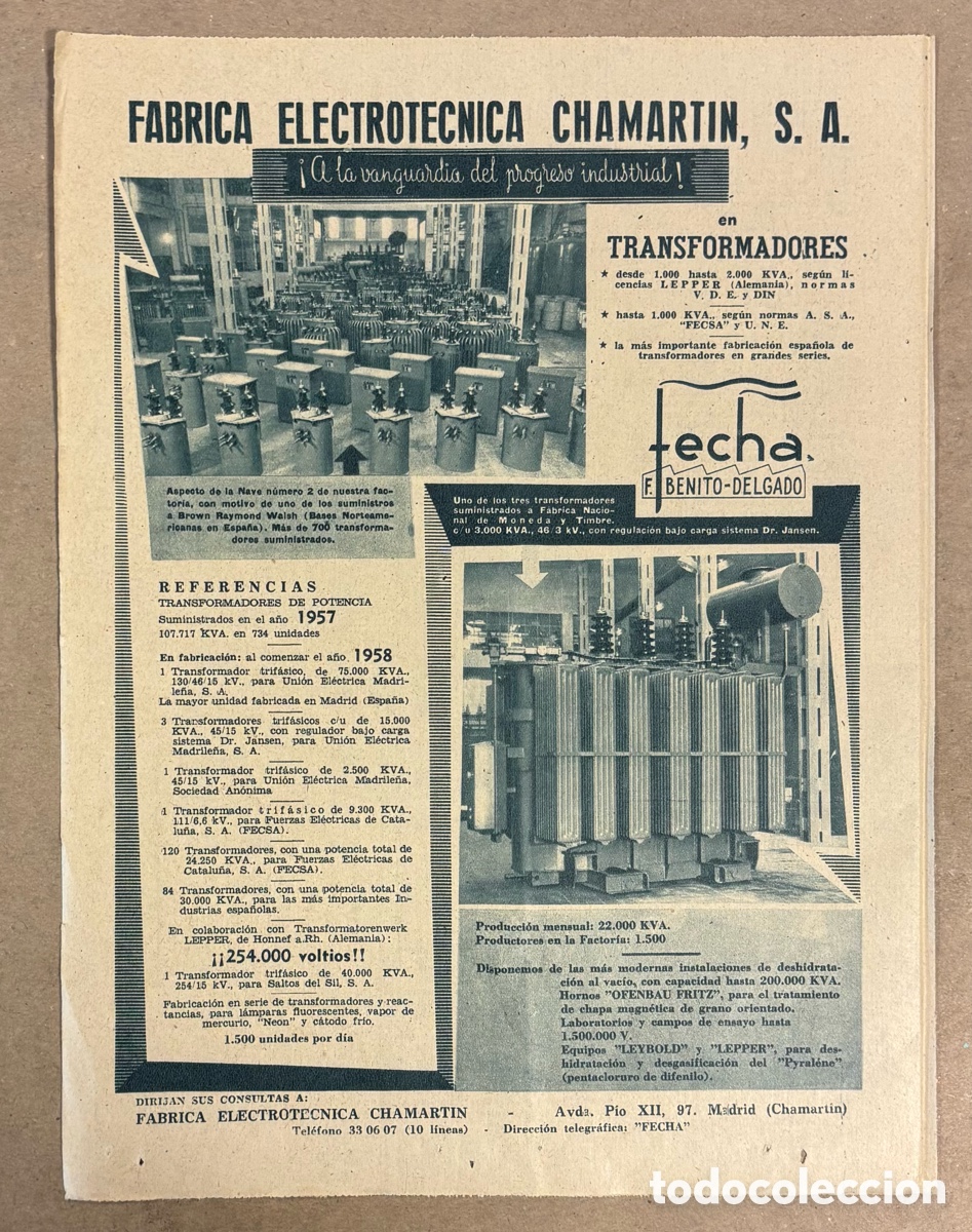 Otros art&iacute;culos de coleccionismo en papel: F&Aacute;BRICA ELECTROT&Eacute;CNICA CHAMART&Iacute;N. ANUNCIO PUBLICITARIO PERI&Oacute;DICO ABC A&Ntilde;OS 1958. F. BENITO - DELGADO