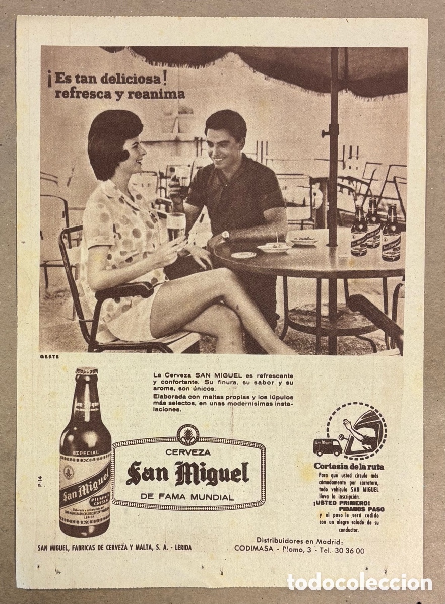 Otros art&iacute;culos de coleccionismo en papel: CERVEZA SAN MIGUEL. ANUNCIO PUBLICITARIO PERI&Oacute;DICO ABC A&Ntilde;OS 1958. .