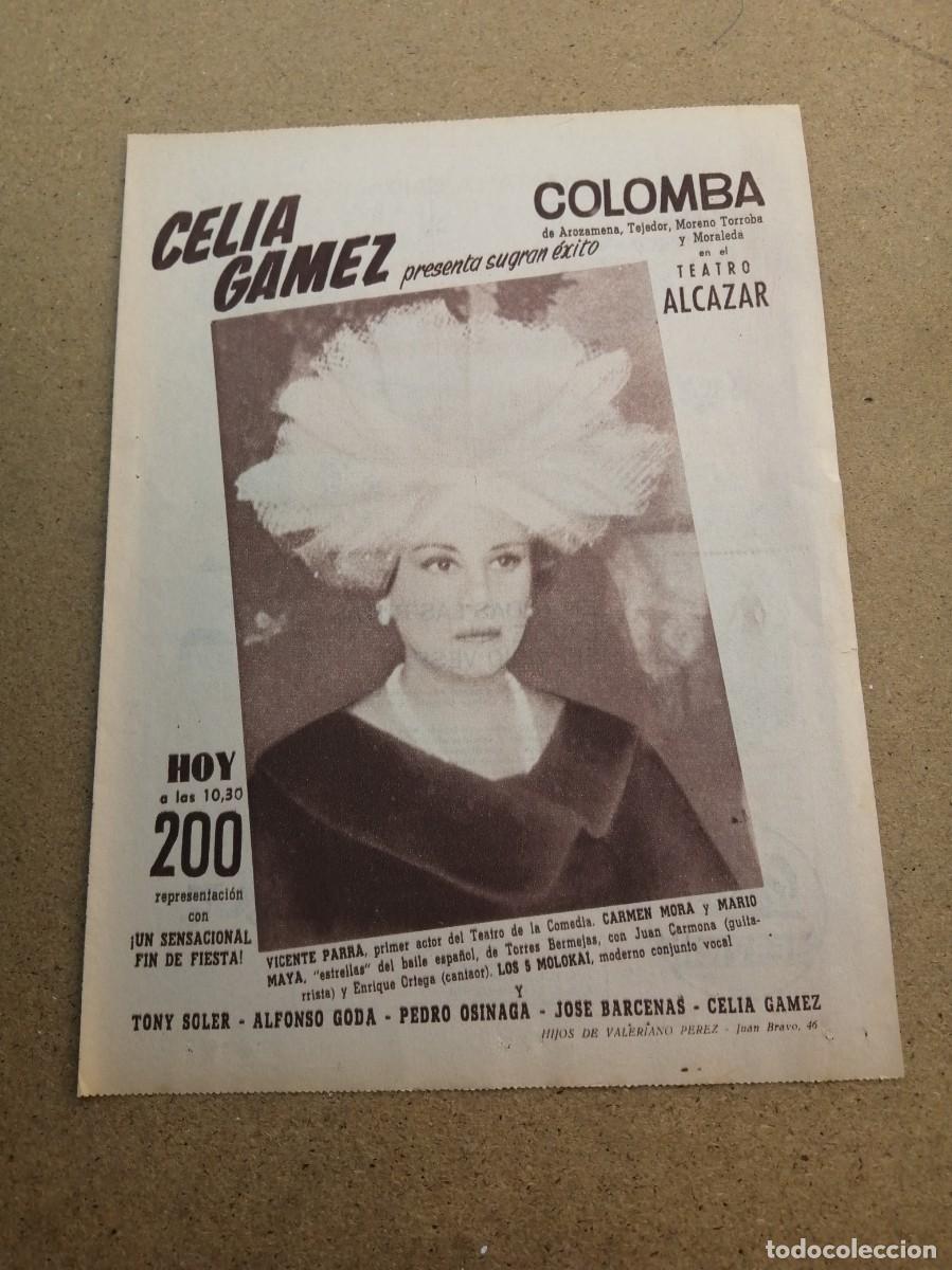 Otros art&iacute;culos de coleccionismo en papel: ANUNCIO. TEATRO ALCAZAR, MADRID. CELIA GAMEZ EN COLOMBA