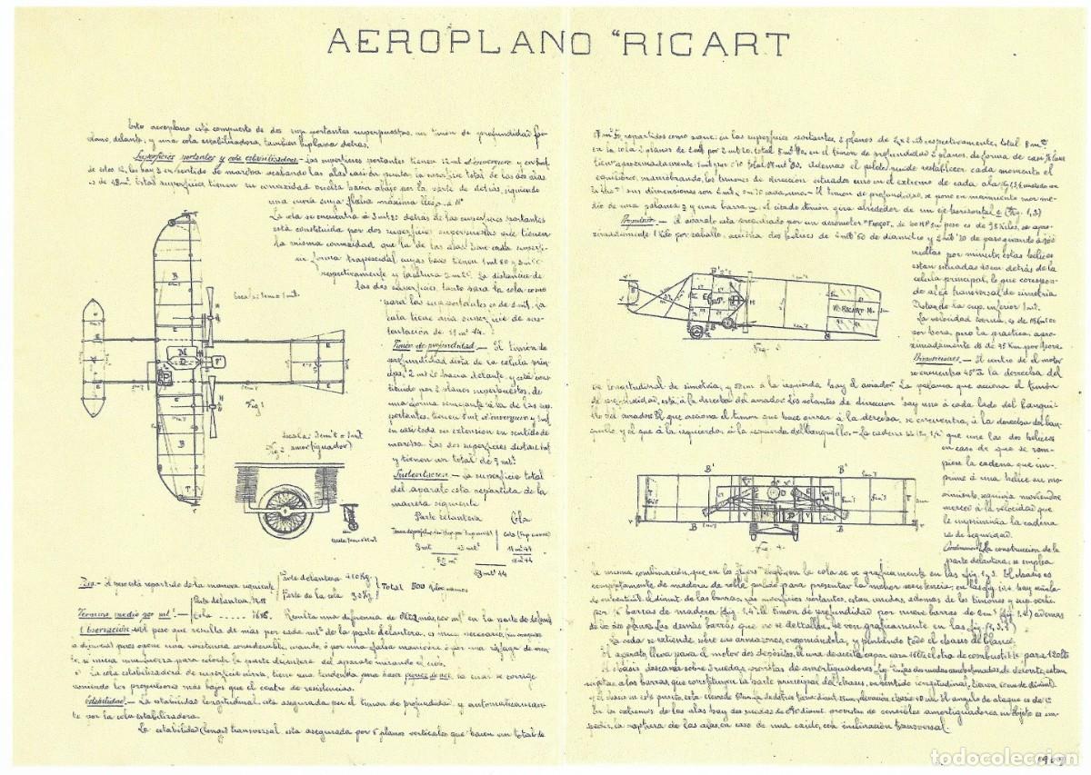 Otros art&iacute;culos de coleccionismo en papel: LAMINA DISE&Ntilde;O &rdquo;AEROPLANO RICART&rdquo; DE 1909 DE WIFREDO RICART (CREADOR DE PEGASO)