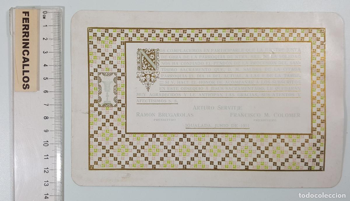 Otros art&iacute;culos de coleccionismo en papel: TARJETA NUESTRA SE&Ntilde;ORA DE LA SOLEDAD IGUALADA, PEND&Oacute;N PROCESI&Oacute;N SANT&Iacute;SIMO SACRAMENTO 1911