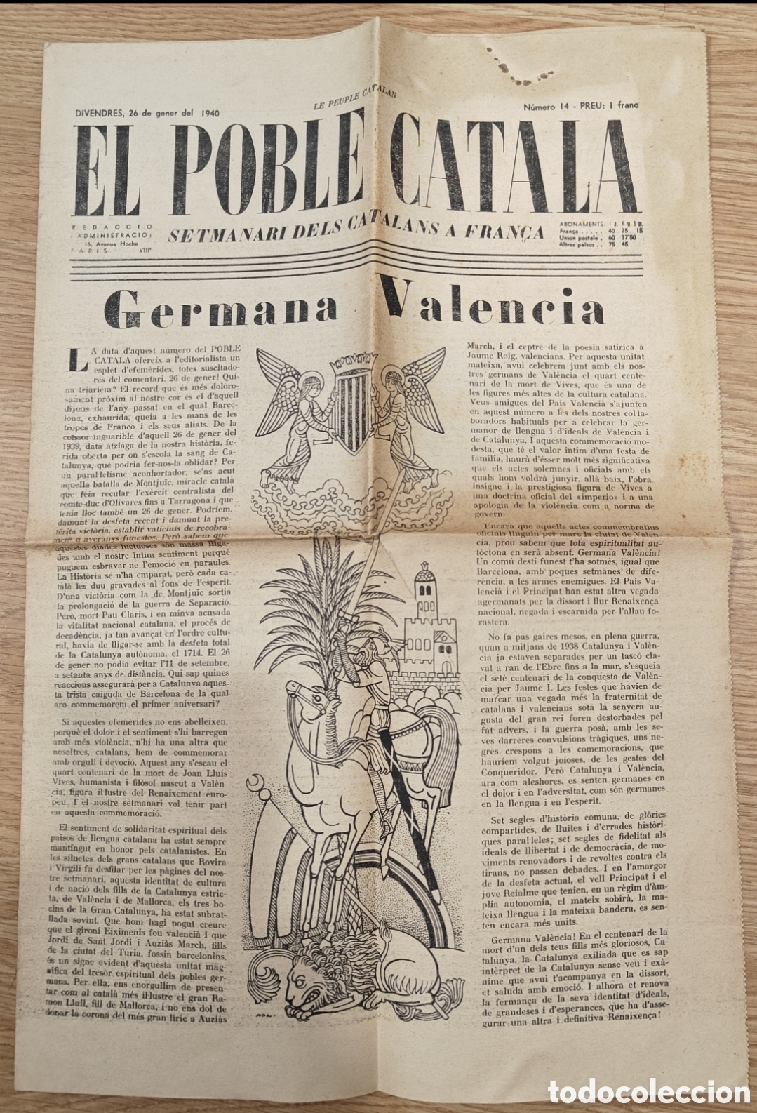 Otros art&iacute;culos de coleccionismo en papel: Peri&oacute;dico &rdquo;El Poble Catal&agrave;&rdquo; de enero de 1940