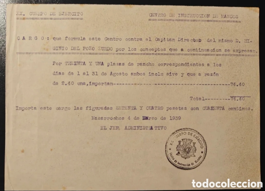 Otros art&iacute;culos de coleccionismo en papel: Documento guerra civil XX cuerpo de ejercito