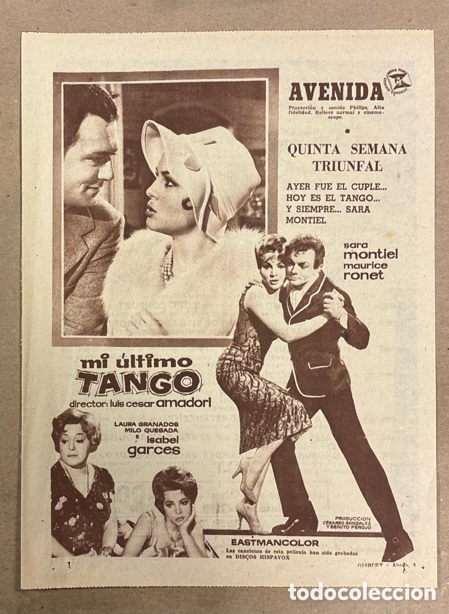 Otros art&iacute;culos de coleccionismo en papel: MI &Uacute;LTIMO TANGO (SARA MONTIEL). CARTEL PUBLICITARIO PEL&Iacute;CULA PERI&Oacute;DICO ABC DE 1960.