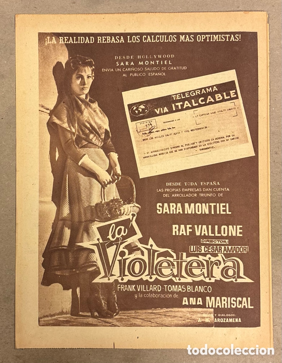 Otros art&iacute;culos de coleccionismo en papel: LA VIOLETERA (SARA MONTIEL, ANA MARISCAL). CARTEL PUBLICITARIO PERI&Oacute;DICO ABC DE 1958.