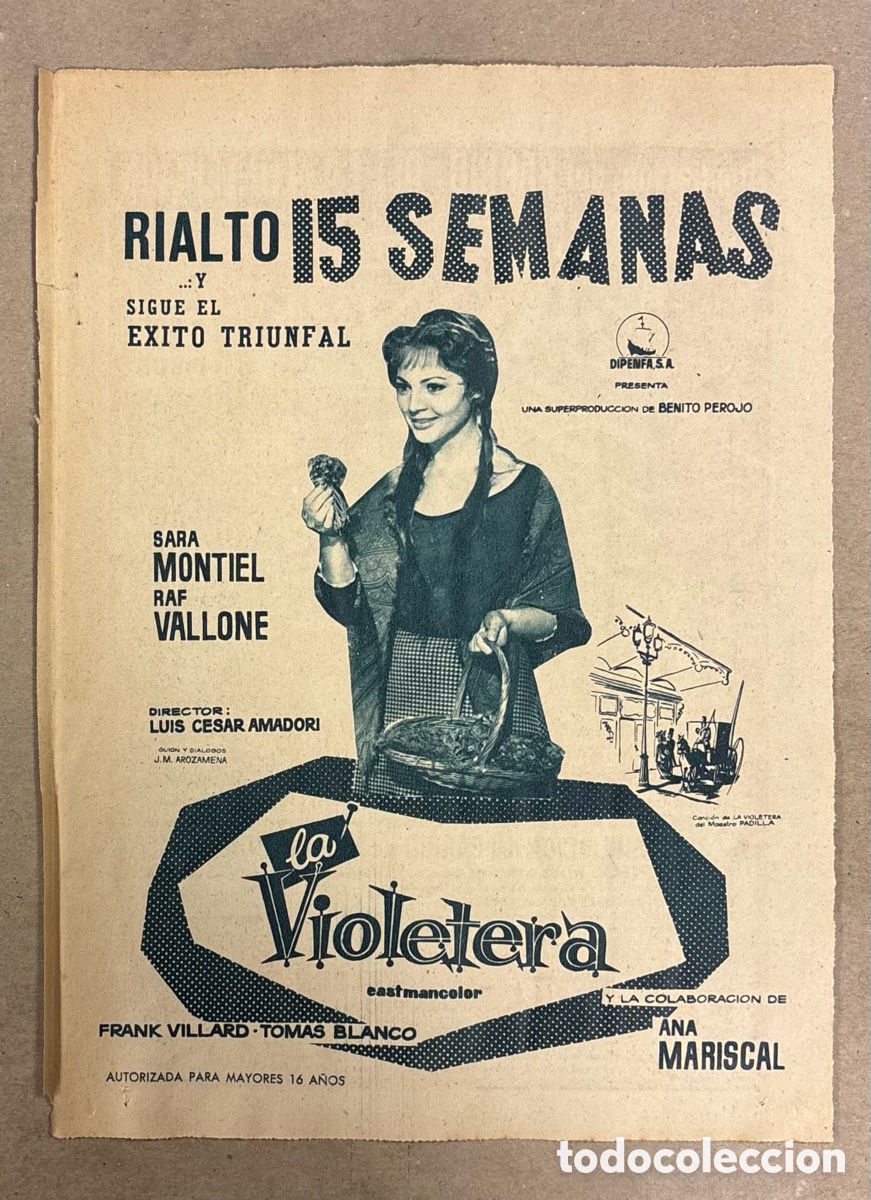 Otros art&iacute;culos de coleccionismo en papel: LA VIOLETERA (SARA MONTIEL, ANA MARISCAL). CARTEL PUBLICITARIO PERI&Oacute;DICO ABC DE 1958.