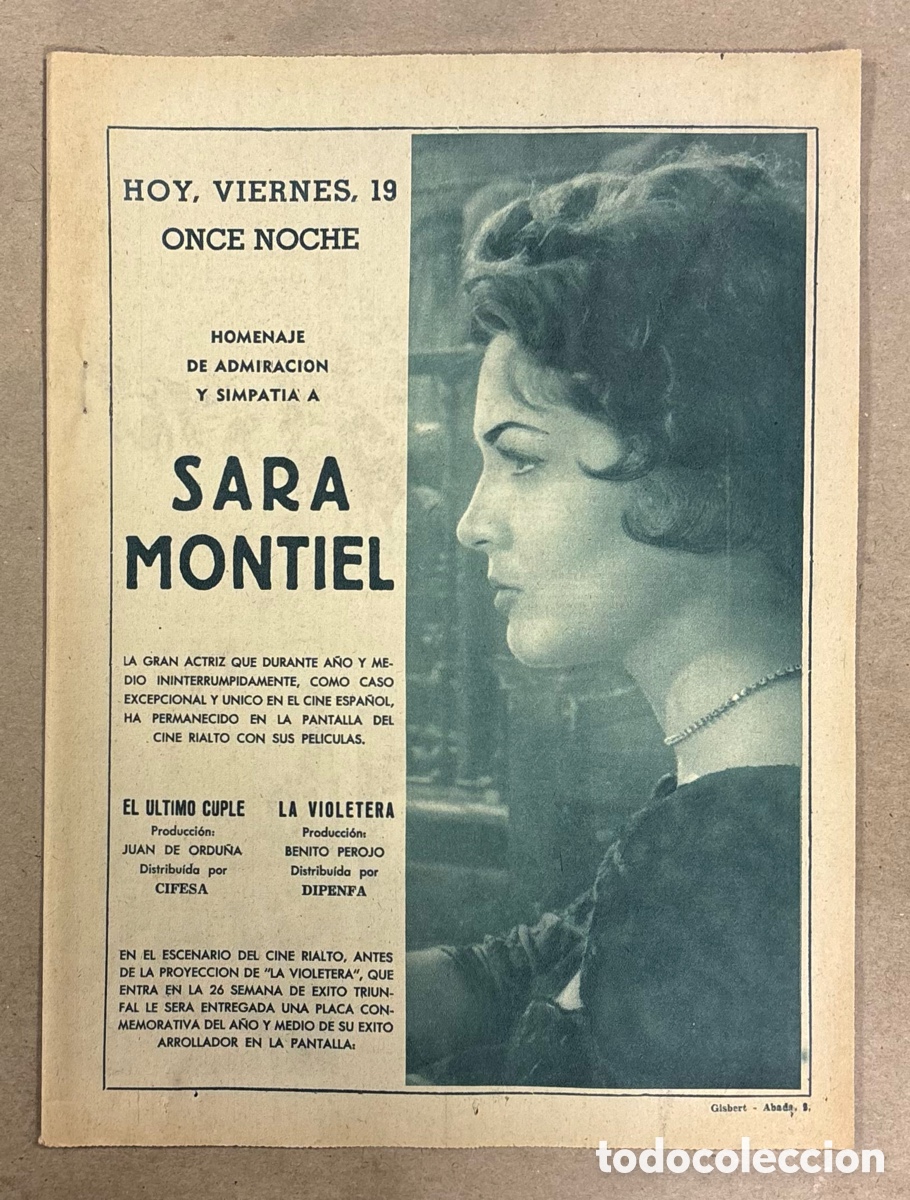 Otros art&iacute;culos de coleccionismo en papel: HOMENAJE SARA MONTIEL EL &Uacute;LTIMO CUPL&Eacute; Y LA VIOLETERA EN CINE RIALTO. P&Aacute;GINA PERI&Oacute;DICO ABC 1959