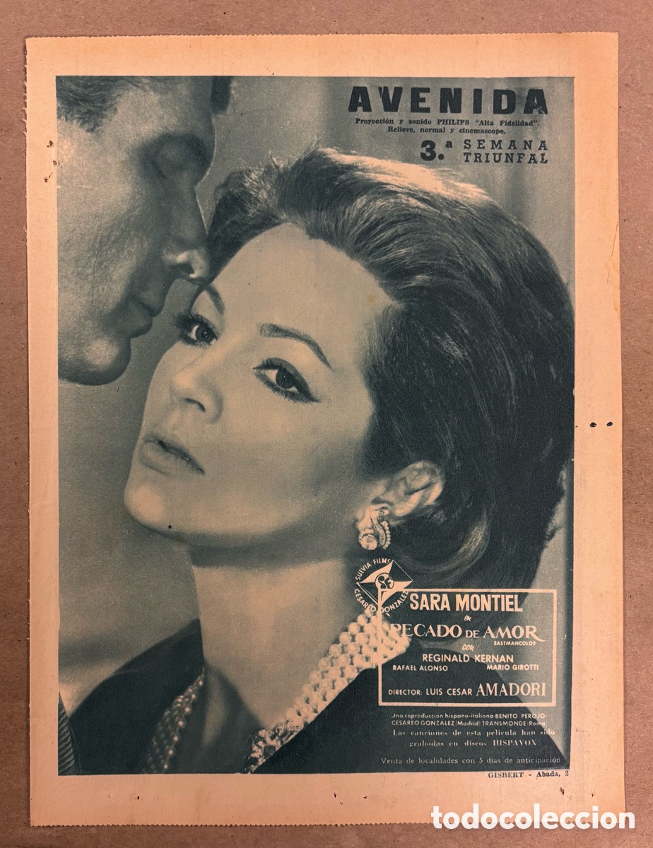 Otros art&iacute;culos de coleccionismo en papel: PECADO DE AMOR (SARA MONTIEL). CARTEL PUBLICITARIO PEL&Iacute;CULA PERI&Oacute;DICO ABC 1961