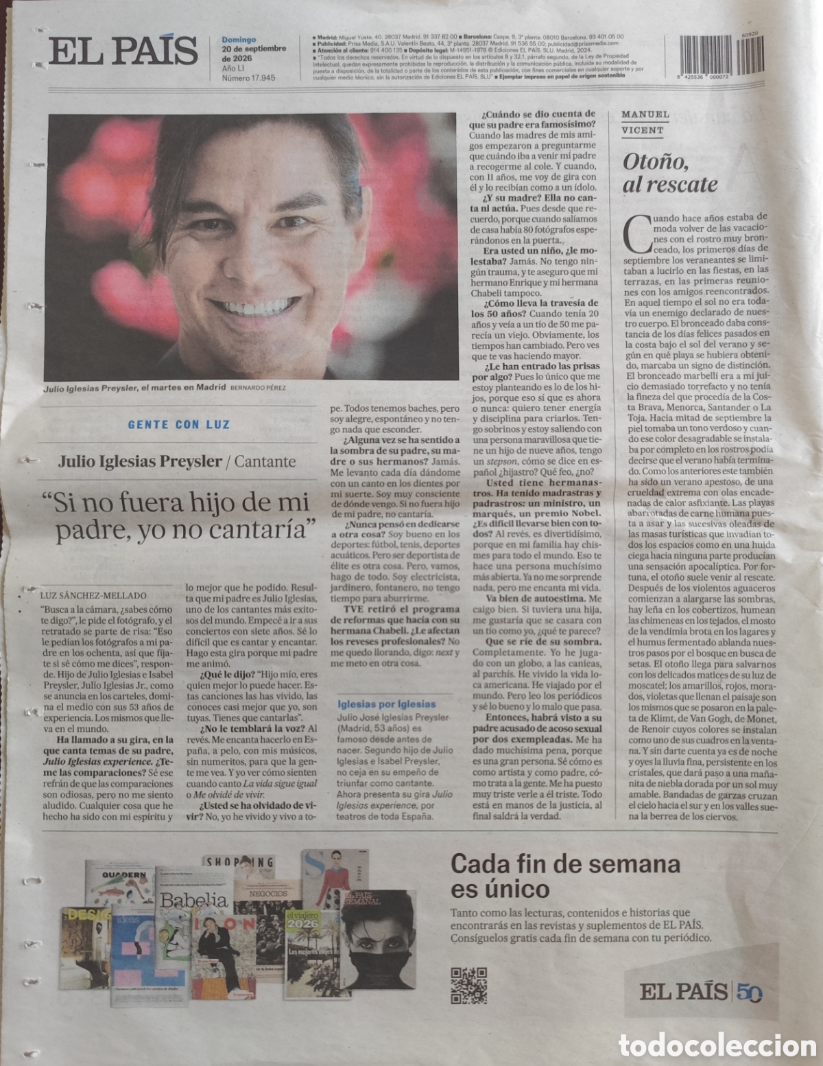Otros art&iacute;culos de coleccionismo en papel: JULIO IGLESIAS PRESLEY. EL PA&Iacute;S 20/09/26