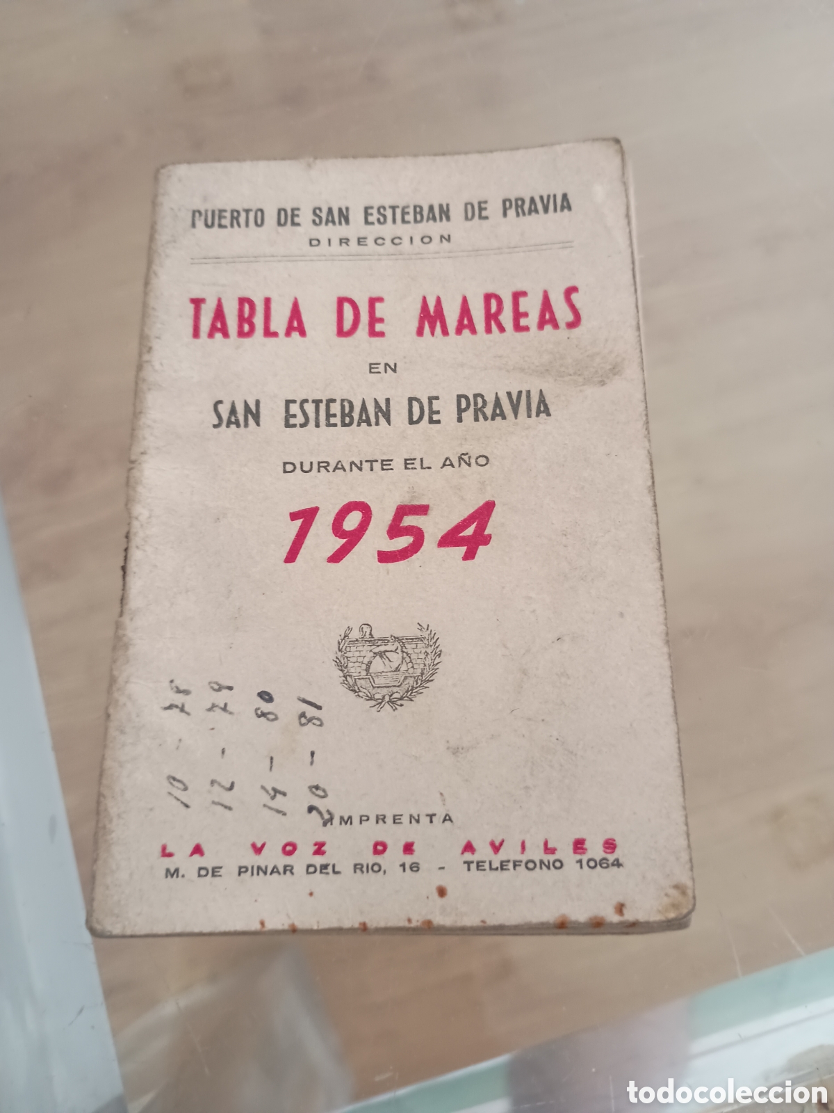 Otros art&iacute;culos de coleccionismo en papel: CPl tablas de mareas a&ntilde;o 1954. Puerto de San Esteban de Pravia (Asturias).