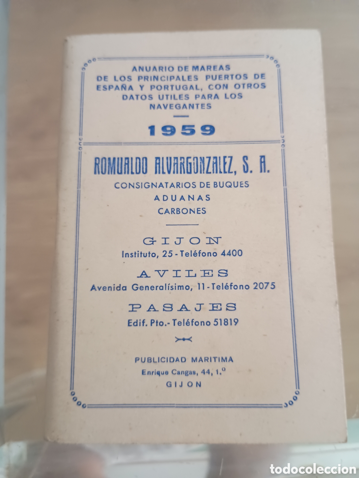 Otros art&iacute;culos de coleccionismo en papel: CPl anuario de mareas a&ntilde;o 1959. Romualdo Alvargonzalez, SA. Gij&oacute;n (Asturias). Publicidad mar&iacute;tima.