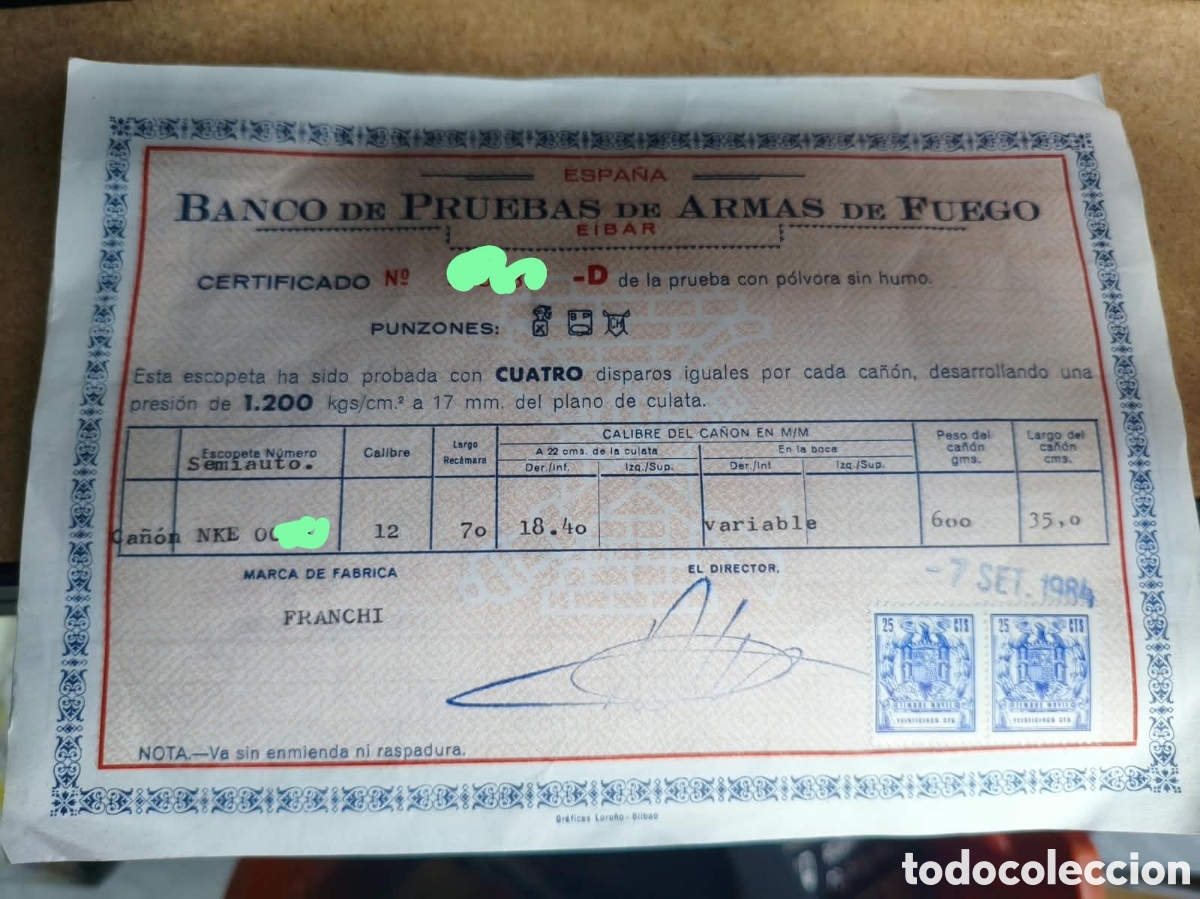 Otros art&iacute;culos de coleccionismo en papel: Certificado Banco de Pruebas de Eibar - Foto 1