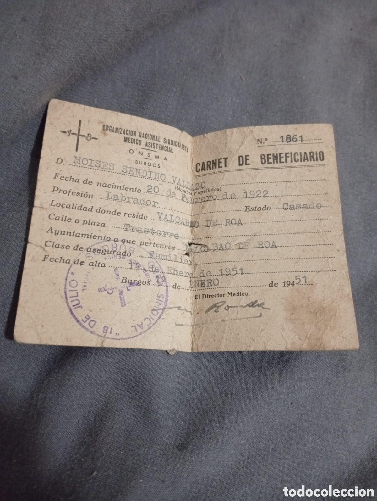 Otros art&iacute;culos de coleccionismo en papel: carnet organizaci&oacute;n nacional sindicalista medico asistencial onsma ( burgos )