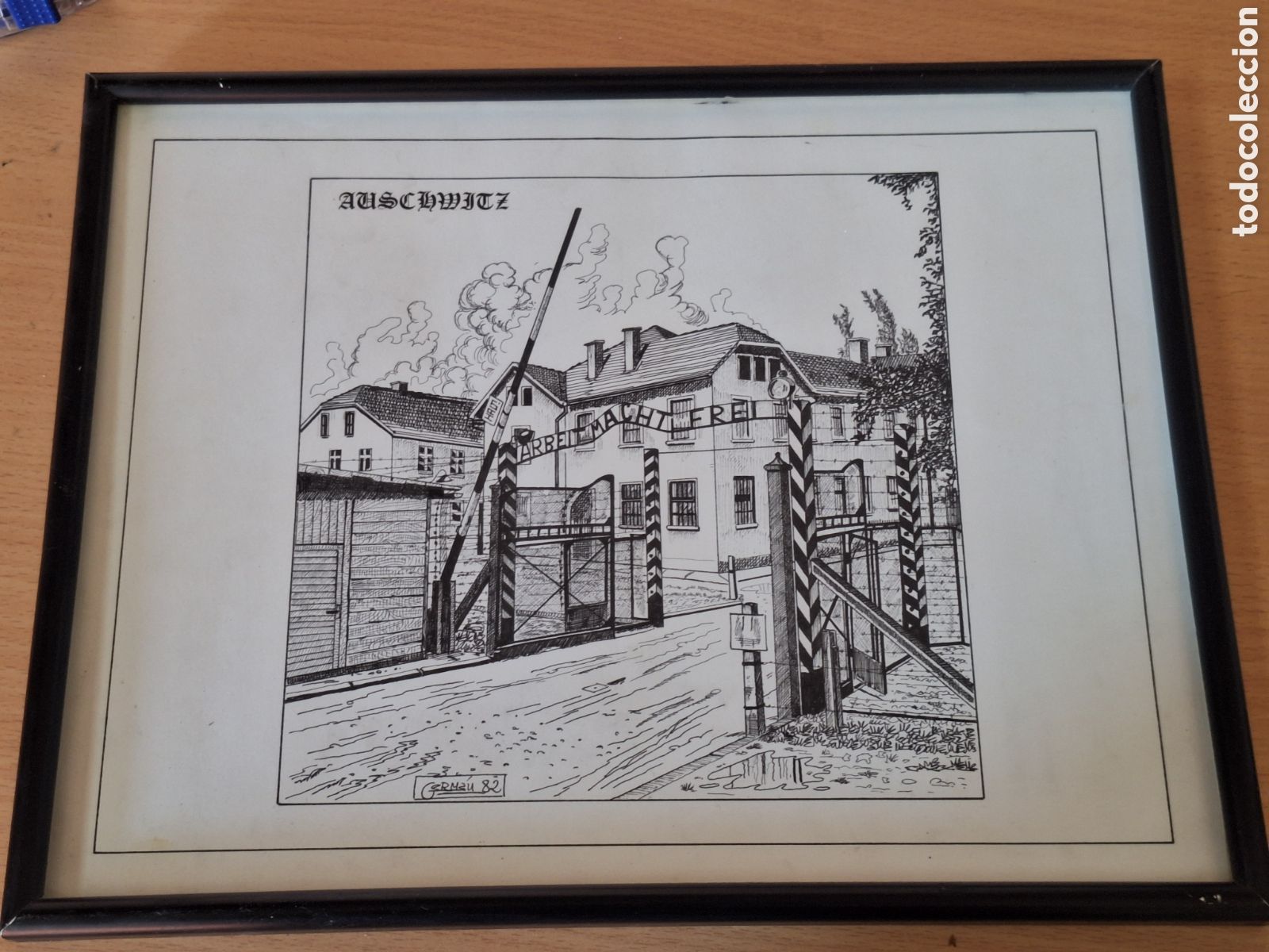 Otros art&iacute;culos de coleccionismo en papel: Dibujo Original a Tinta - Entrada Principal de Auschwitz (&rdquo;Arbeit macht frei&rdquo; Firmado por Germ&aacute;n 82