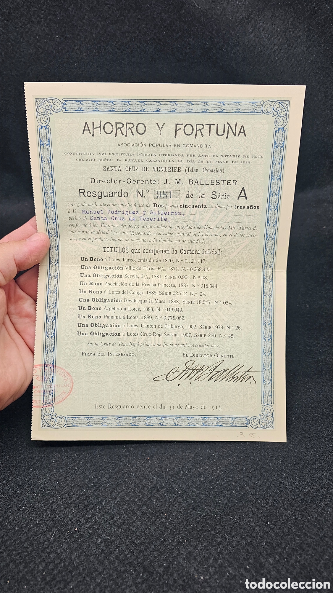 Sammelleidenschaft Andere Papierartikel: certificado financiero hist&oacute;rico / resguardo de inversi&oacute;n 1915