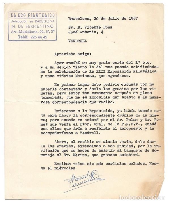 Altri oggetti di carta: El Eco filat&eacute;lico 1967 carta por la XIII Exposici&oacute;n Filat&eacute;lica El Vendrell - Dtor. Gral. FNMT visita