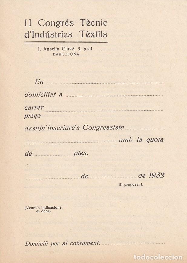 Collectionnisme Papier divers: Inscripci&oacute; per al II Congr&eacute;s T&egrave;cnic d' Industries T&egrave;xtils - Any: 1932 / Indicacions al dors