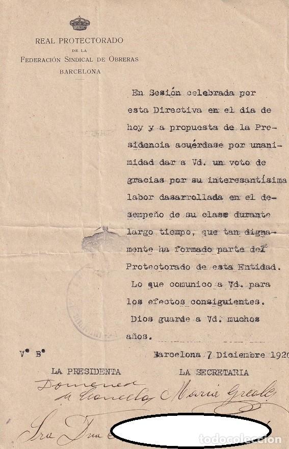 Collectionnisme Papier divers: Federaci&oacute;n Sindical de Obreras - Voto de Gracias - Barcelona 1920 - Historia Feminismo y Trabajo