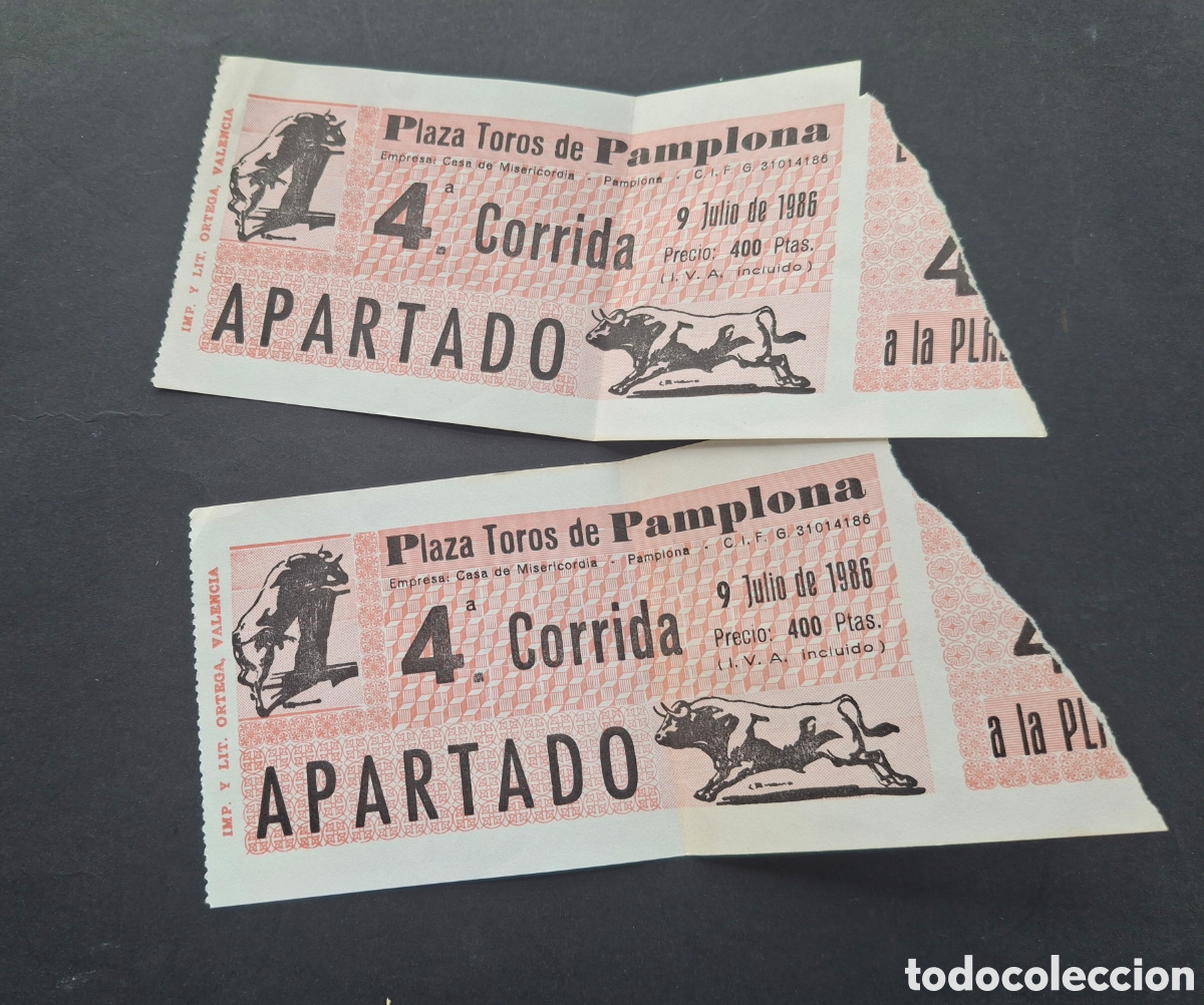 Otros art&iacute;culos de coleccionismo en papel: DOS ENTRADAS PARA EL APARTADO DE LA PLAZA DE PAMPLONA, 9 DE JULIO DE 1986