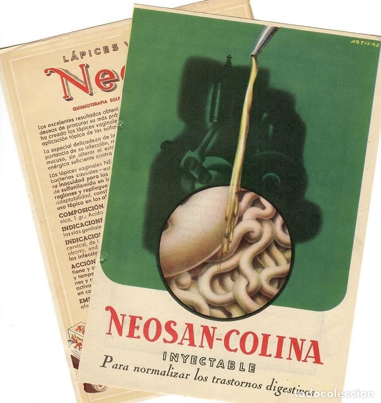 Outros artigos de papel: 2 Hojas publicitarias de Farmacia - Laboratorios Neosan (Barcelona) / L&aacute;pices vaginales - Neosan-C..