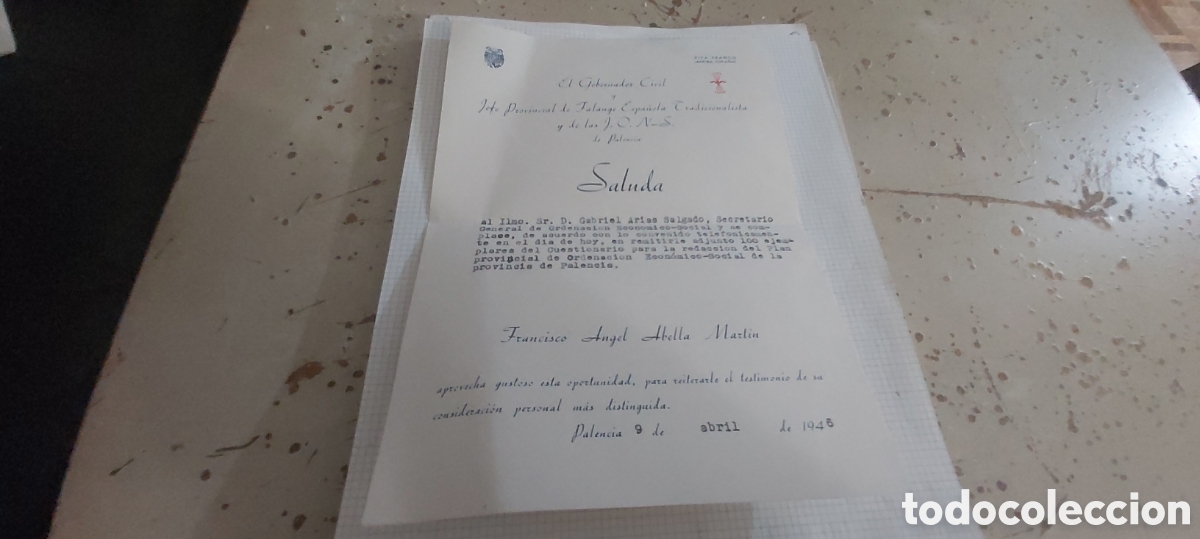 Otros art&iacute;culos de coleccionismo en papel: CARTA DE JEFE DE LA FALANGE DE PALENCIA ABELLA A ARIAS SALGADO. 1946
