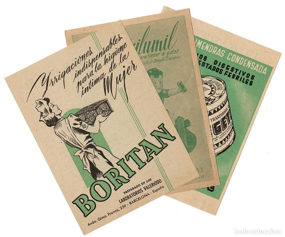 Outros artigos de papel: Laboratorios Valeriodo (Barcelona) - Farmacia 3 hojitas muy antiguas de publicidad / Leche de alme..
