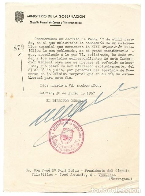 Sammelleidenschaft Andere Papierartikel: Concesi&oacute;n MATASELLOS ESPECIAL 1967 XIII Exposici&oacute;n Filat&eacute;lica EL VENDRELL Documento Oficial Correos