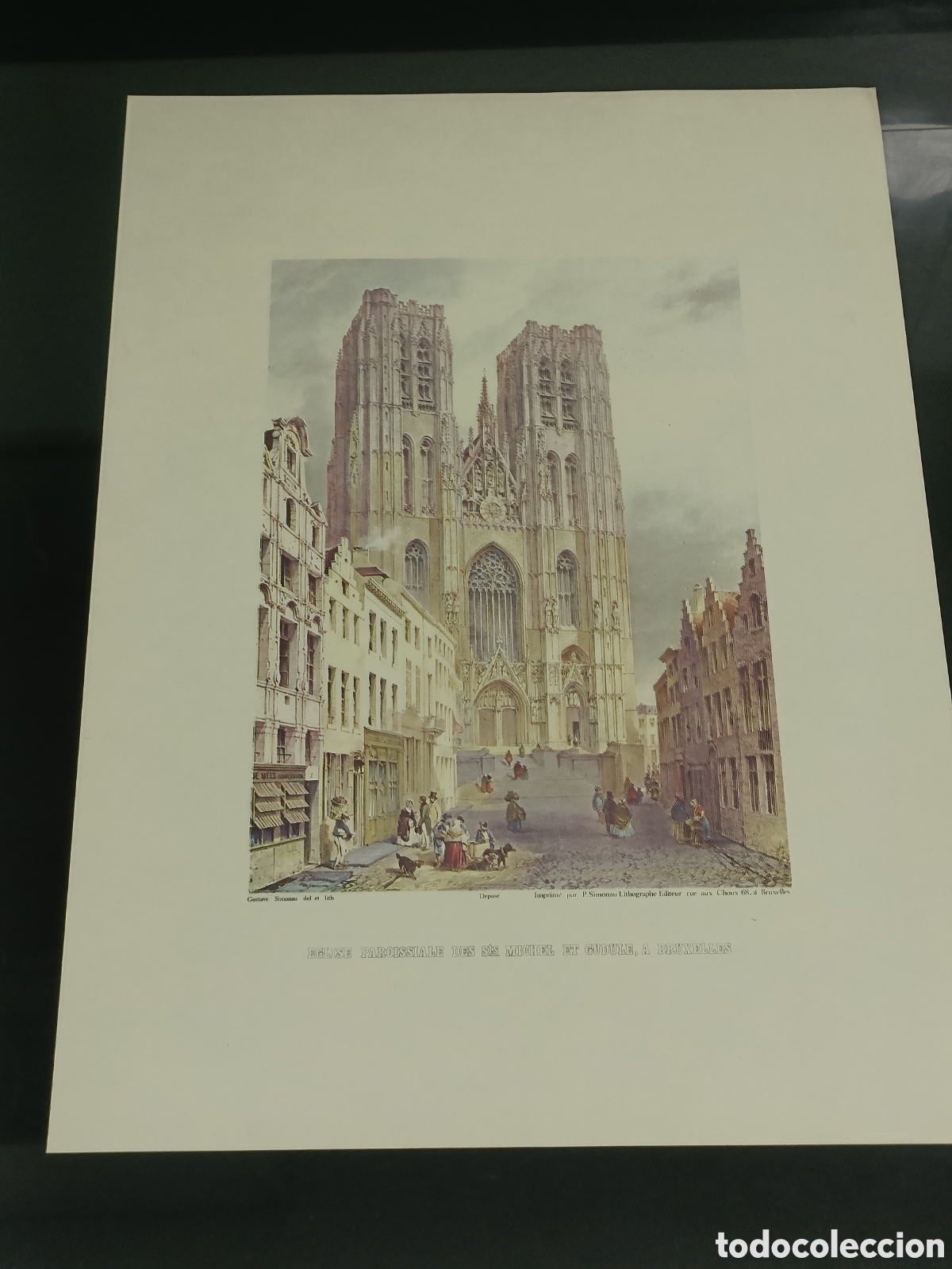 Otros art&iacute;culos de coleccionismo en papel: Vintage Litograf&iacute;a antigua de la Catedral de San Miguel y Santa G&uacute;dula en Bruselas, B&eacute;lgica