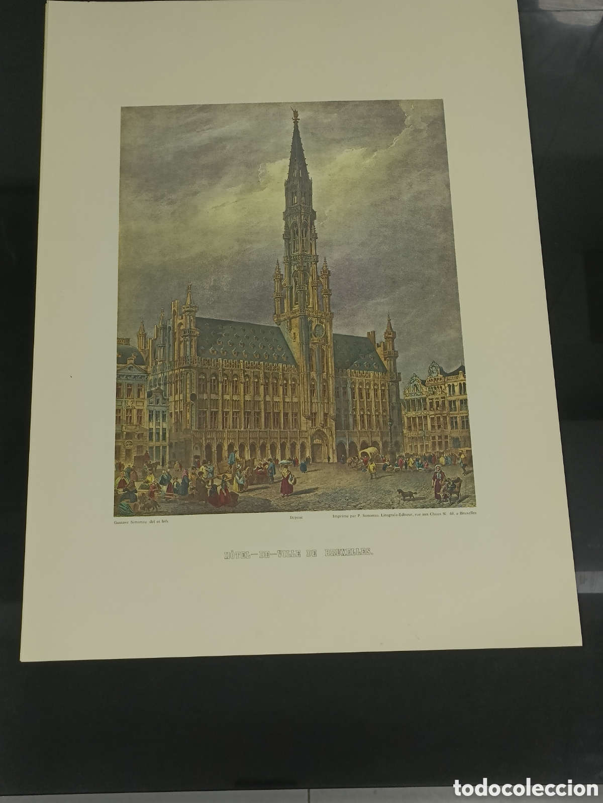 Otros art&iacute;culos de coleccionismo en papel: Vintage litograf&iacute;a antigua y coloreada del Ayuntamiento de Bruselas (H&ocirc;tel de Ville de Bruxelles)
