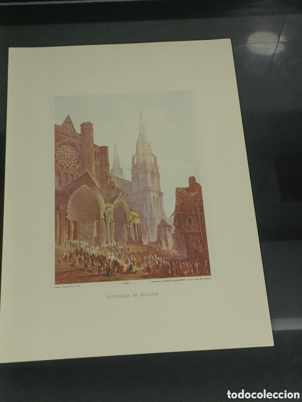 Otros art&iacute;culos de coleccionismo en papel: l&aacute;mina de una litograf&iacute;a antigua de la Catedral de Chartres en Francia