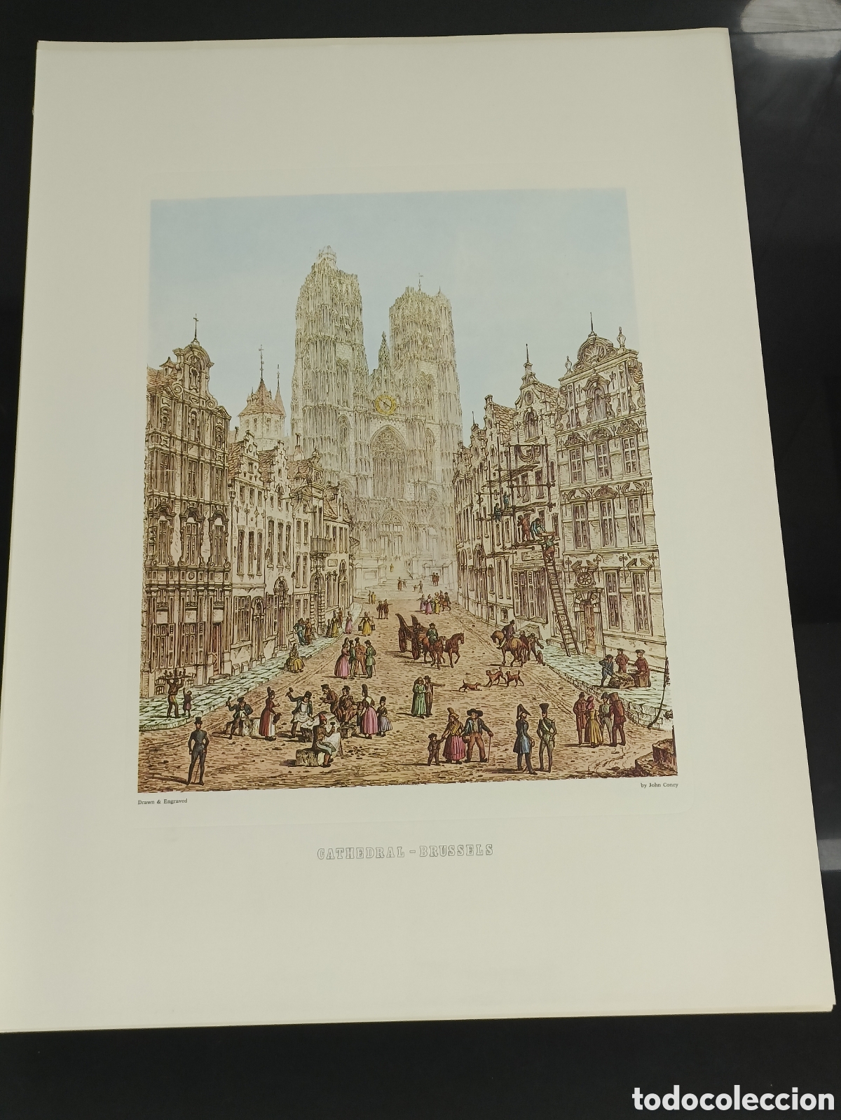 Otros art&iacute;culos de coleccionismo en papel: Vintage l&aacute;mina es un grabado antiguo titulado &laquo;Cathedral - Brussels&raquo;
