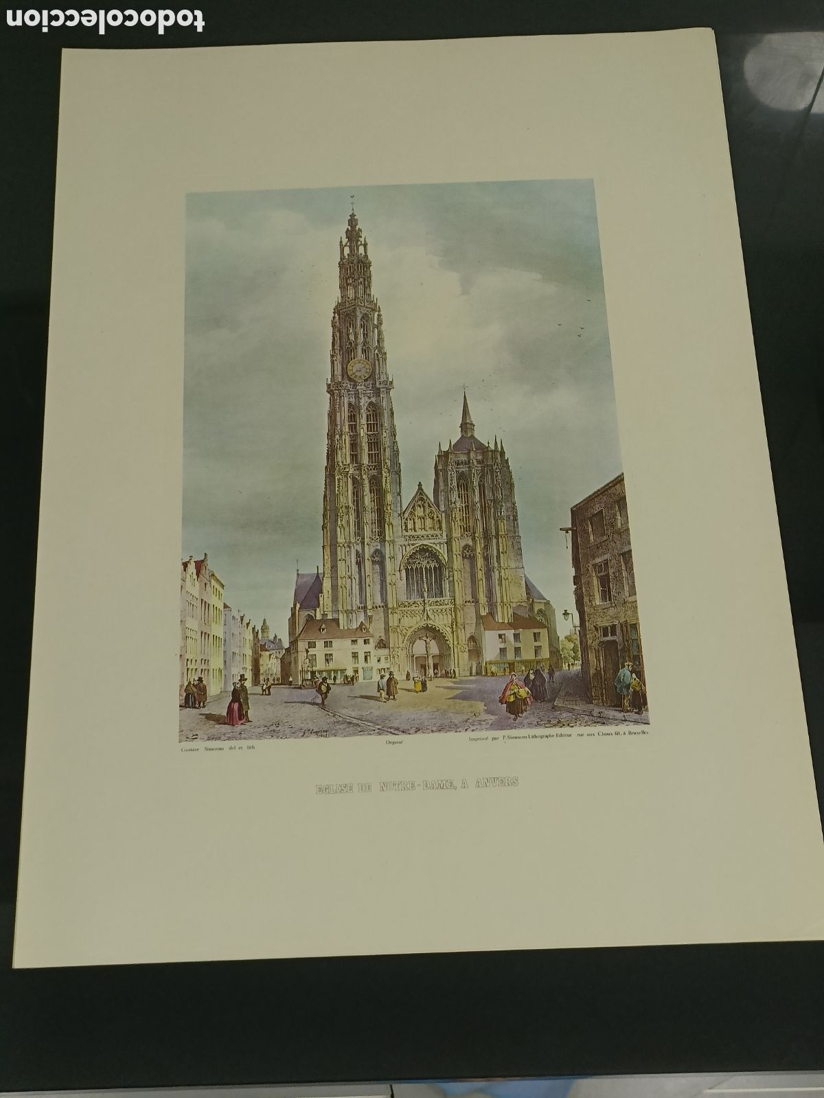Sammelleidenschaft Andere Papierartikel: Vintage litograf&iacute;a antigua coloreada que representa la Catedral de Nuestra Se&ntilde;ora de Amberes (&Eacute;GLISE