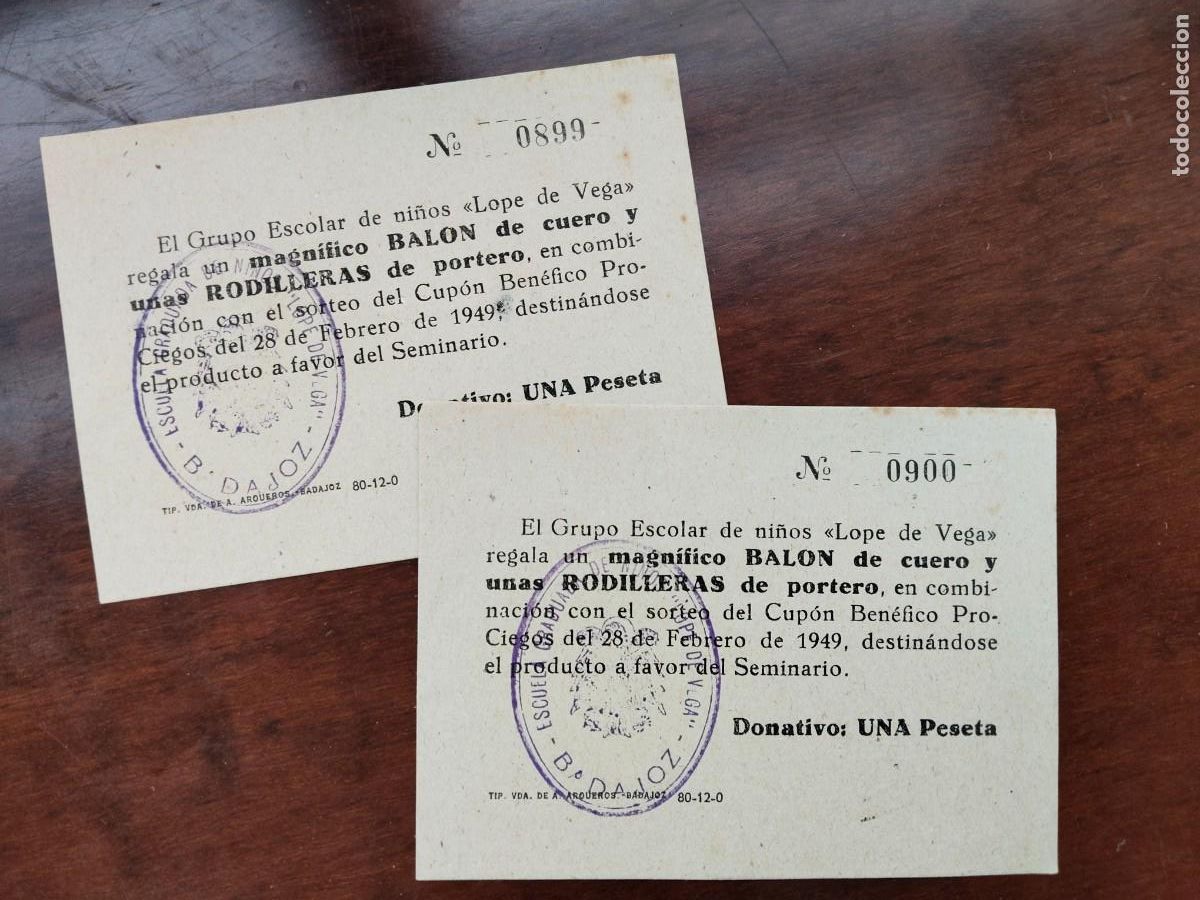 Paper Collecting Others: 2 papeletas Colegio L&oacute;pez de Vega, Badajoz. A&ntilde;o 1949. Sorteo de Bal&oacute;n de Cuero y Rodilleras de Porte