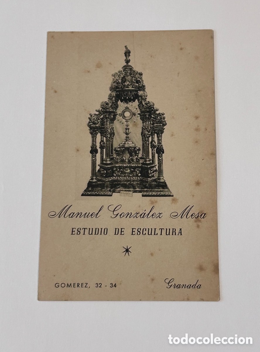Otros art&iacute;culos de coleccionismo en papel: TARJETA. MANUEL GONZ&Aacute;LEZ MESA. ESTUDIO ESCULTURA. GRANADA. 1a. MITAD SIGLO XX. CUSTODIA PROCESIONAL
