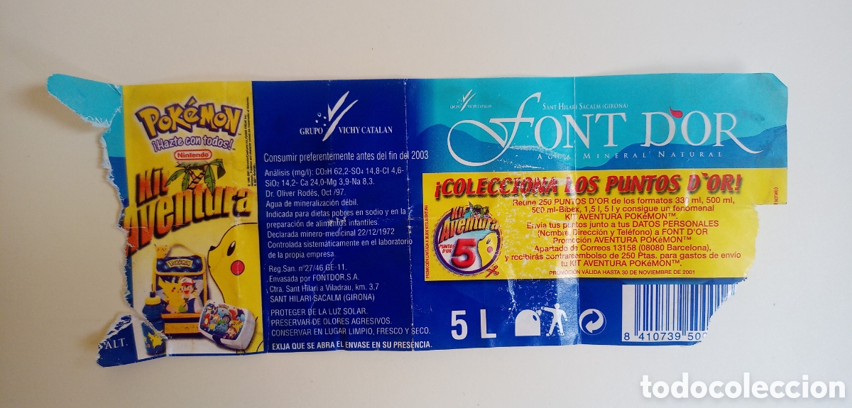 Otros art&iacute;culos de coleccionismo en papel: Etiqueta Agua Font D'Or Pok&eacute;mon 2001 - Muy Rara