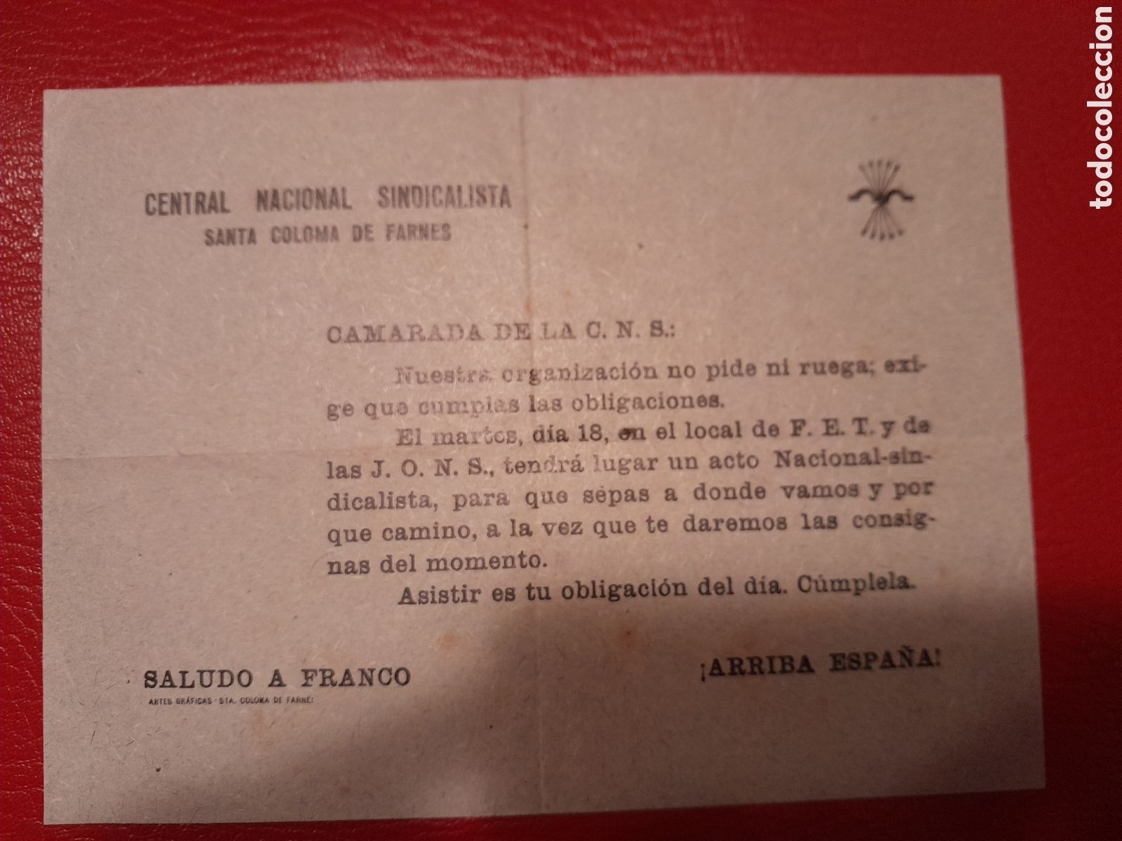 Otros art&iacute;culos de coleccionismo en papel: Central nacional sindicalista