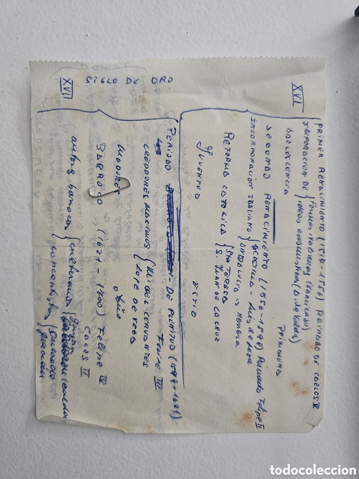 Otros art&iacute;culos de coleccionismo en papel: Antigua &rdquo;Chuleta&rdquo; / Esquema Manuscrito Examen: Literatura Siglo de Oro Espa&ntilde;ol Lope de Vega 1960s