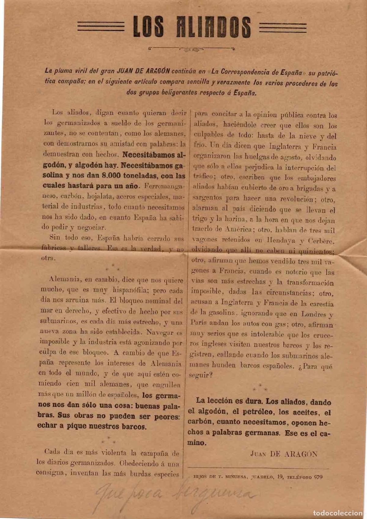 Otros art&iacute;culos de coleccionismo en papel: HOJA PANFLETO LOS ALIADOS. JUAN DE ARAGON, DIRECTOR DE LA CORRESPONDENCIA DE ESPA&Ntilde;A, C.1915