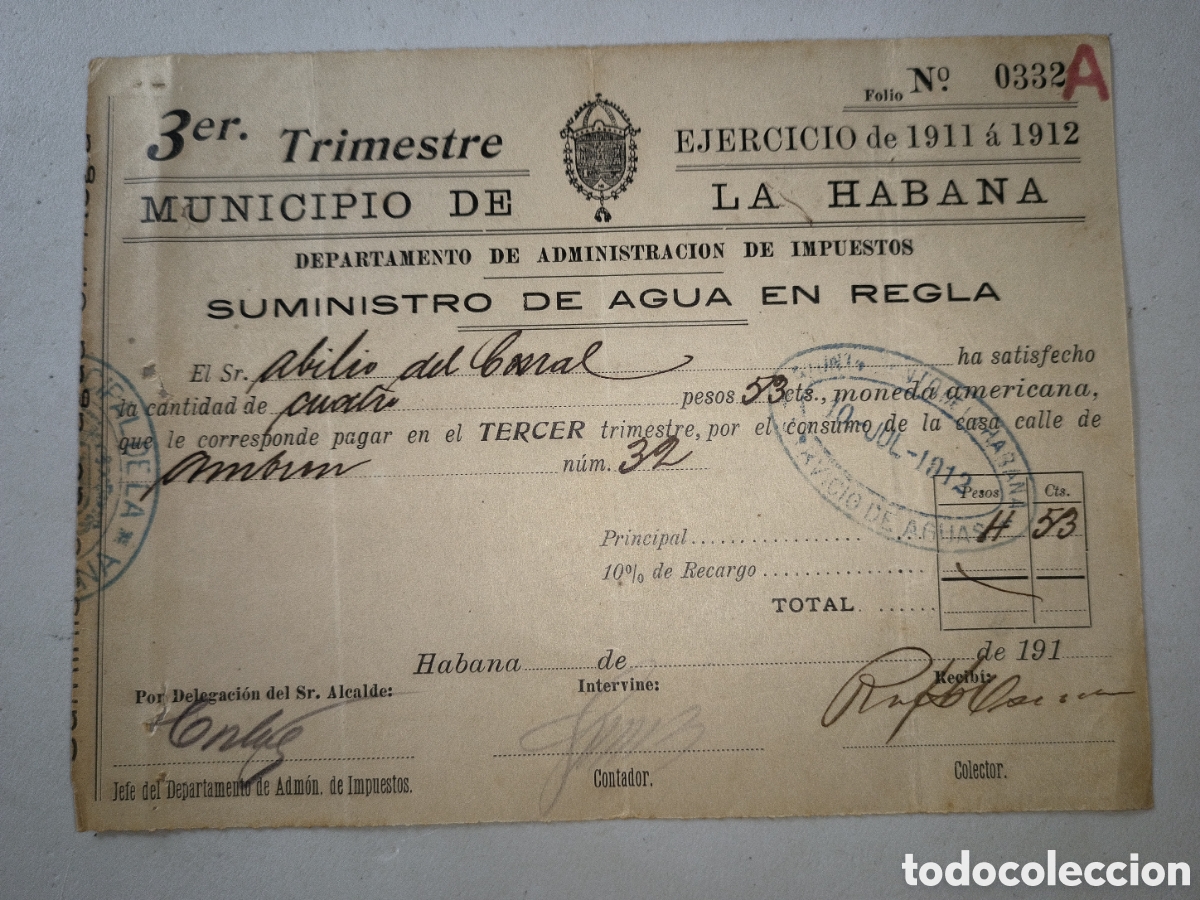 Otros art&iacute;culos de coleccionismo en papel: Cuba,recibo pago suministro agua ,pueblo de Regla,a&ntilde;o 1911