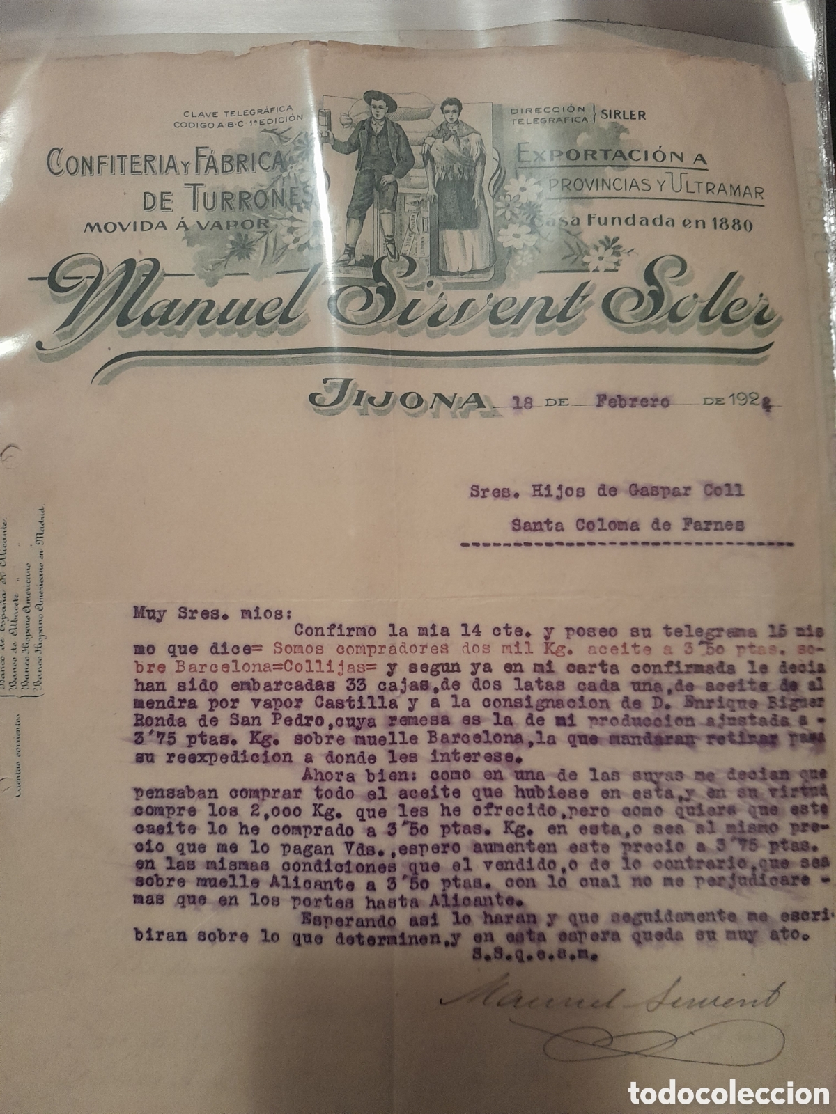 Otros art&iacute;culos de coleccionismo en papel: Carta comercial 1922 Manuel Sirvent autografiada