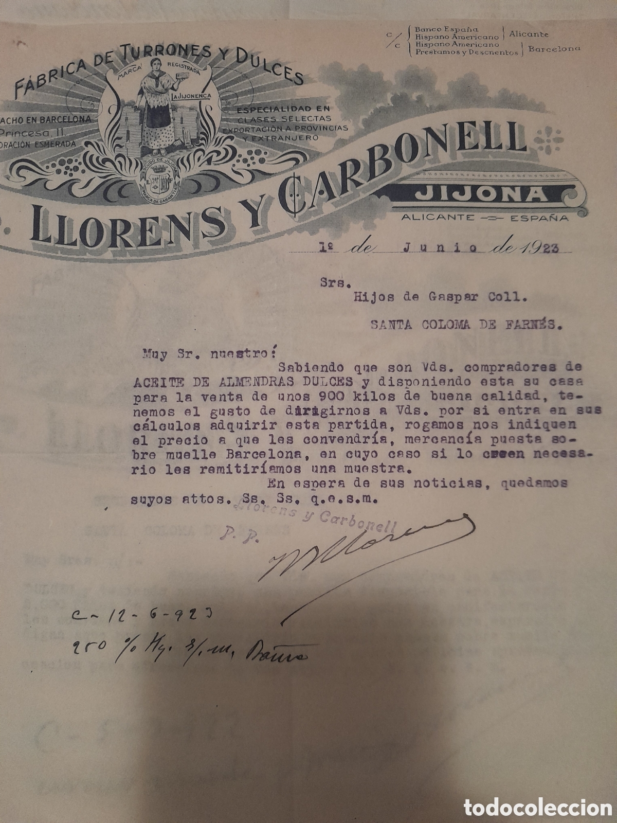 Otros art&iacute;culos de coleccionismo en papel: Carta comercial Llorens y Carbonell de Jujona autografiada