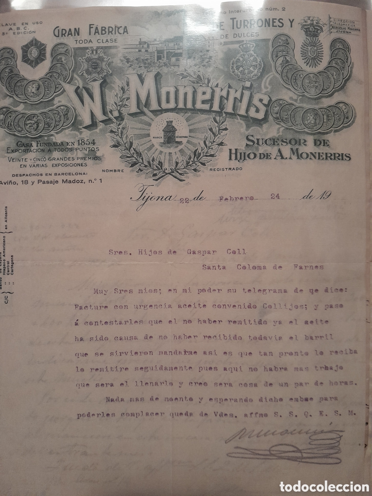 Otros art&iacute;culos de coleccionismo en papel: Carta comercial W. Monerris de Jijona