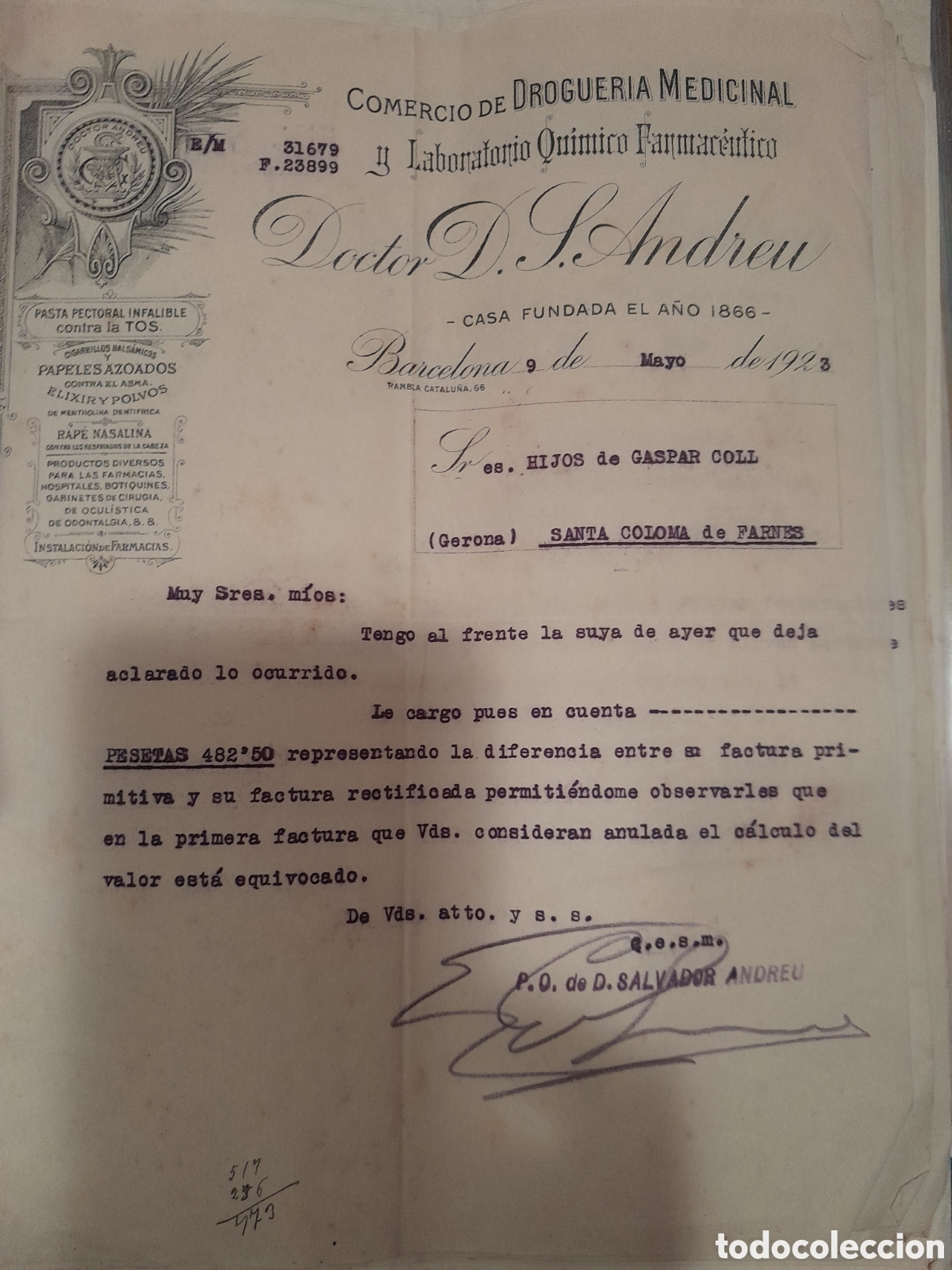Otros art&iacute;culos de coleccionismo en papel: Carta comercial del comercio del Dr. Salvador Andreu 1923