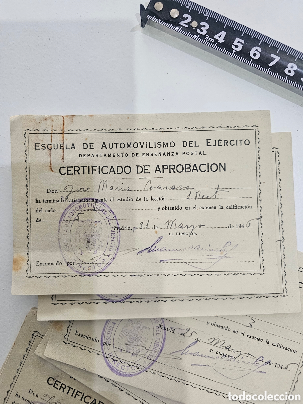 Otros art&iacute;culos de coleccionismo en papel: Lote de Certificados Hist&oacute;ricos &ndash; Escuela de Automovilismo del Ej&eacute;rcito (A&ntilde;os 40 &Eacute;poca Franco) 1946