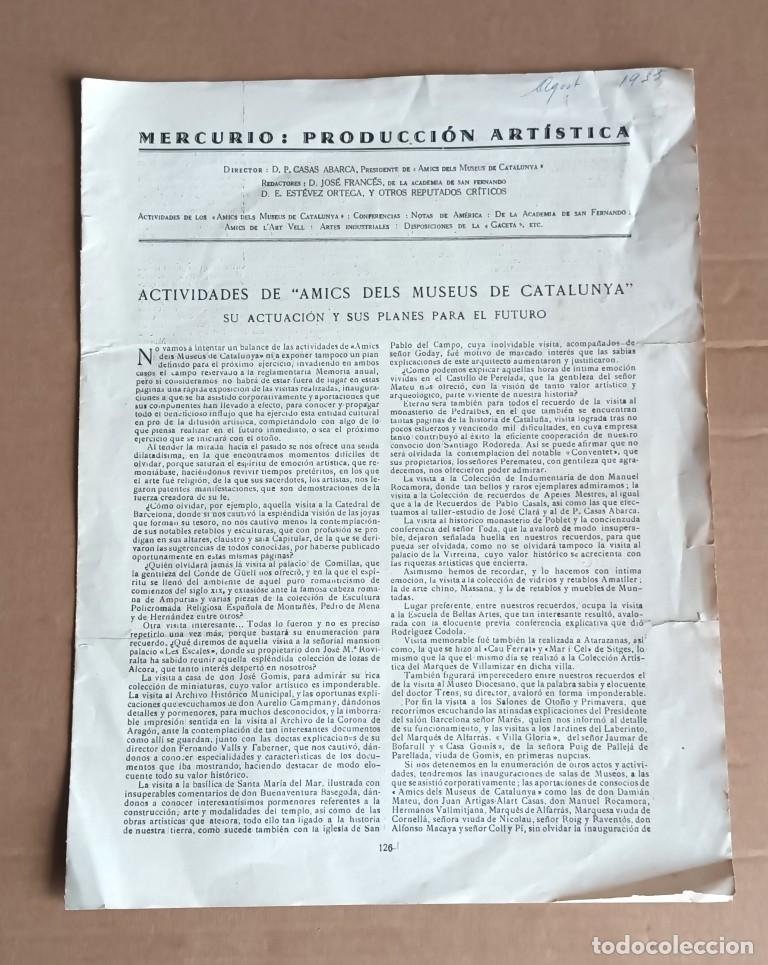 Otros art&iacute;culos de coleccionismo en papel: MECURIO : producci&oacute;n art&iacute;stica A mano 1935 Actividades de AMICS DELCS MUSEUS DE CATALUNYA