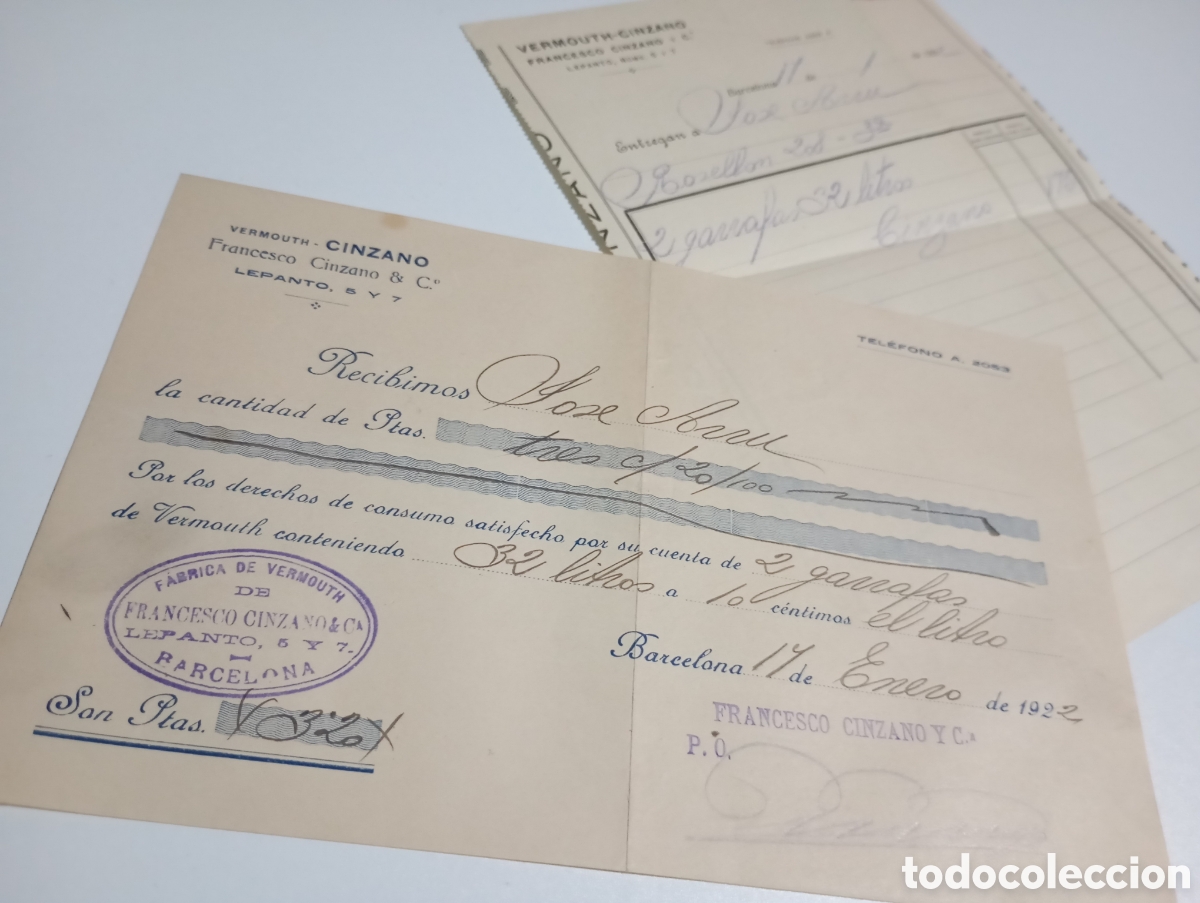 Otros art&iacute;culos de coleccionismo en papel: 1922 Vermouth Cinzano Antiguo recibo factura Barcelona F&aacute;brica Calle Lepanto Documento licorer&iacute;a
